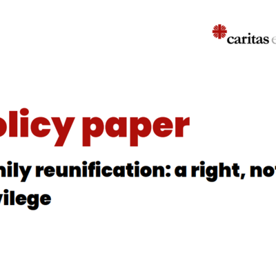 Cover of Caritas policy paper featuring the text "Policy Paper: Family Reunification: a right not a privilege"