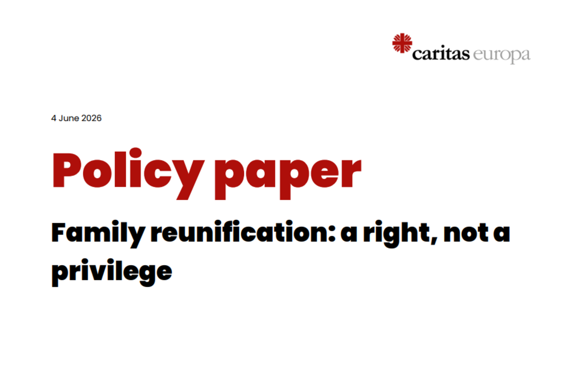 Cover of Caritas policy paper featuring the text "Policy Paper: Family Reunification: a right not a privilege"